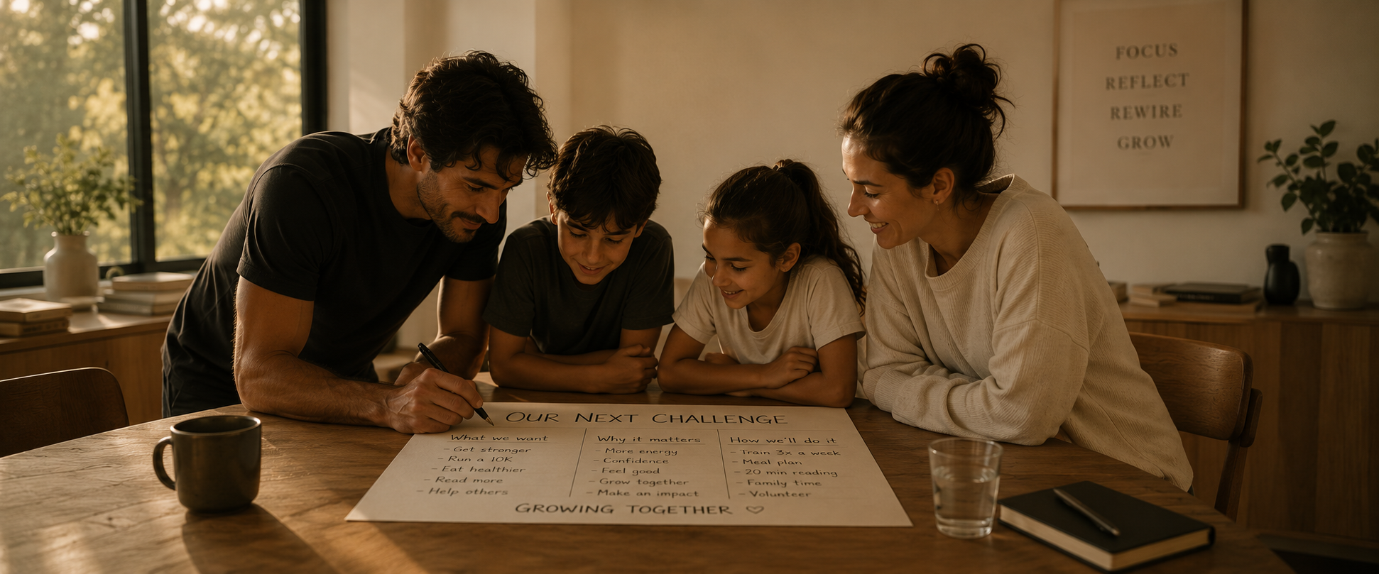 A family relaxing together on a sofa at home.